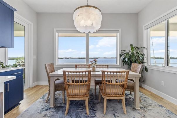 Dining room, Interior, Pendant Lights, Water, Wood Texture Flooring