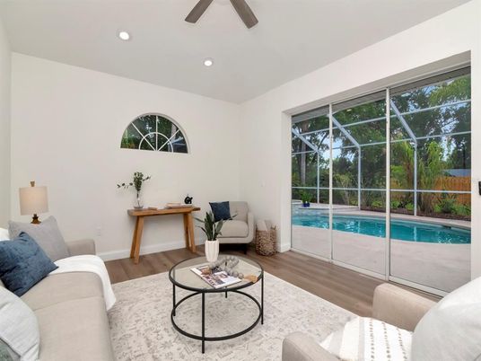 Glass Ceilings, Interior, Living room, Pool, Recessed Lighting, Sun Room, Wood Texture Flooring