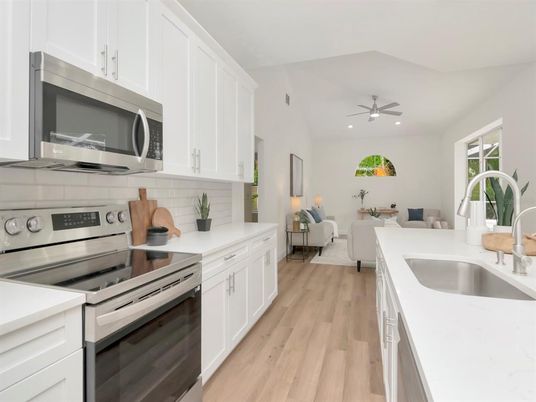 Interior, Kitchen, Living room, Recessed Lighting, Stainless Steel Appliances, Wood Texture Flooring