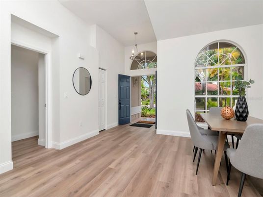 Dining room, Interior, Pendant Lights, Wood Texture Flooring