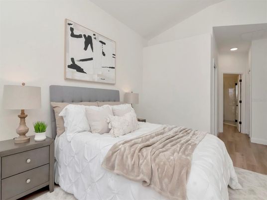 Bedroom, Interior, Recessed Lighting, Wood Texture Flooring