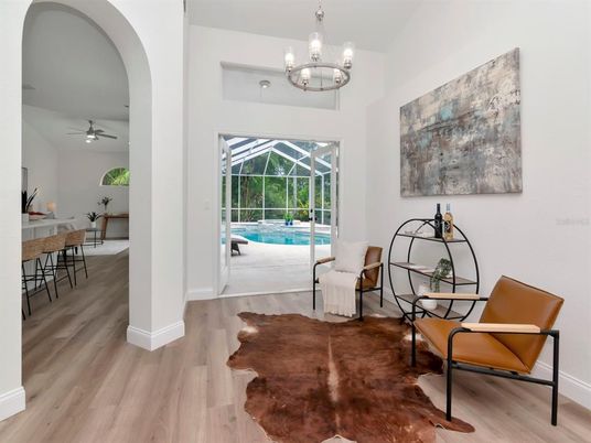Chandelier, Interior, Pool, Sun Room, Wood Texture Flooring