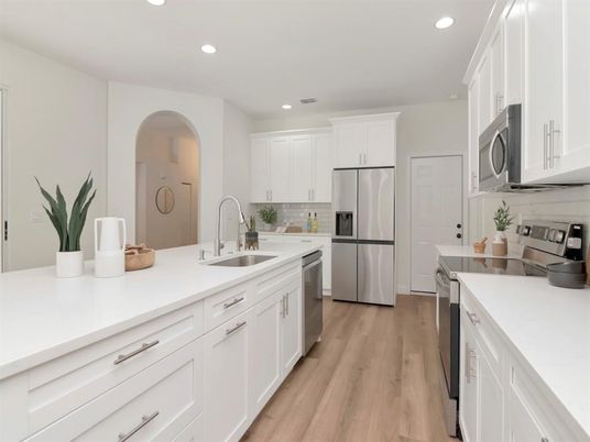 Interior, Kitchen, Recessed Lighting, Stainless Steel Appliances, Wood Texture Flooring