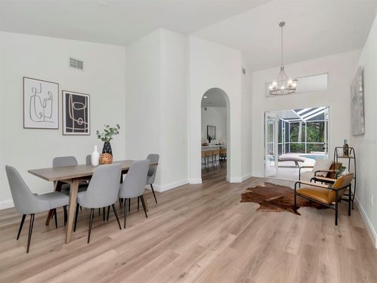 Chandelier, Dining room, Interior, Pendant Lights, Wood Texture Flooring