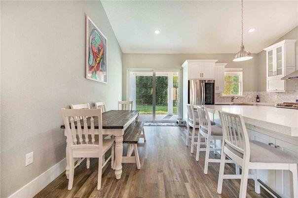 Dining room, Interior, Kitchen, Pendant Lights, Recessed Lighting, Wood Texture Flooring