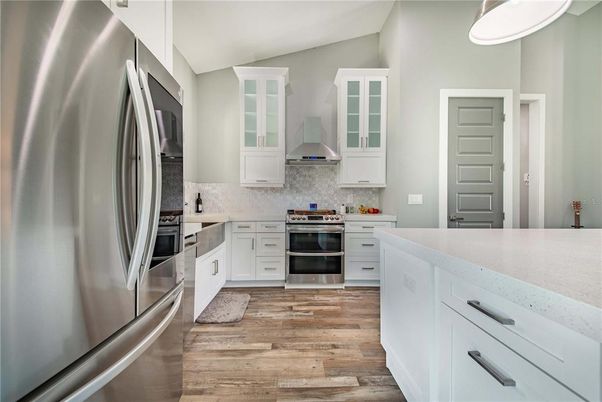 Interior, Kitchen, Pendant Lights, Stainless Steel Appliances, Wood Texture Flooring