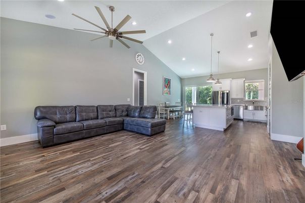 Dining room, Interior, Kitchen, Living room, Pendant Lights, Recessed Lighting, Wood Texture Flooring