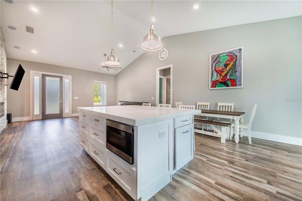 Dining room, Interior, Kitchen, Pendant Lights, Recessed Lighting, Wood Texture Flooring