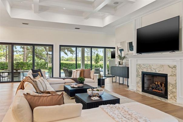 Fireplace, Interior, Living room, Recessed Lighting, Wood Texture Flooring