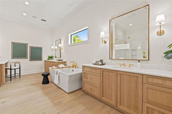 Bathroom, Dual Sink Vanities, Free Standing Baths, Interior, Recessed Lighting, Wood Texture Flooring