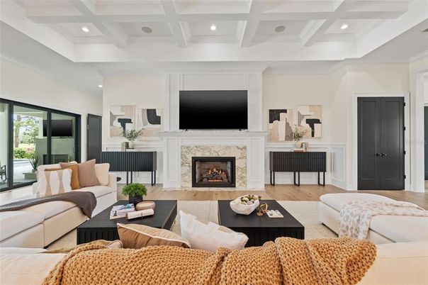 Fireplace, Interior, Living room, Recessed Lighting, Wood Texture Flooring