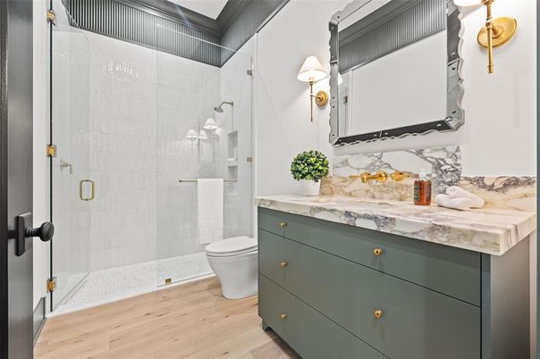 Bathroom, Glass Shower, Interior, Wood Texture Flooring