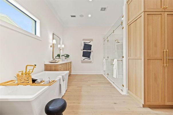 Bathroom, Glass Shower, Interior, Recessed Lighting, Wood Texture Flooring