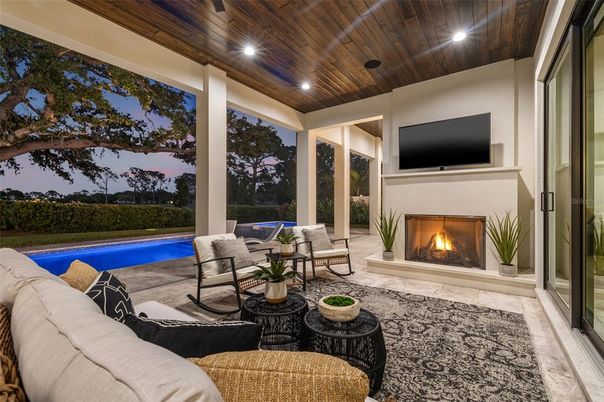 Exterior, Fireplace, Interior, Living room, Pool, Recessed Lighting, Wooden Ceilings