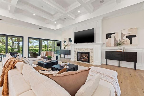 Fireplace, Interior, Living room, Recessed Lighting, Wood Texture Flooring