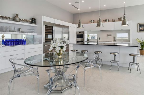 Dining room, Interior, Kitchen, Marble, Pendant Lights, Recessed Lighting, Stainless Steel Appliances