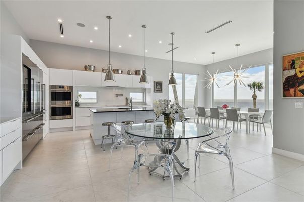 Dining room, Interior, Kitchen, Pendant Lights, Recessed Lighting, Stainless Steel Appliances, Water