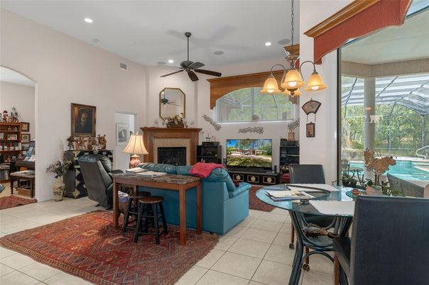 Dining room, Fireplace, Interior, Living room, Recessed Lighting