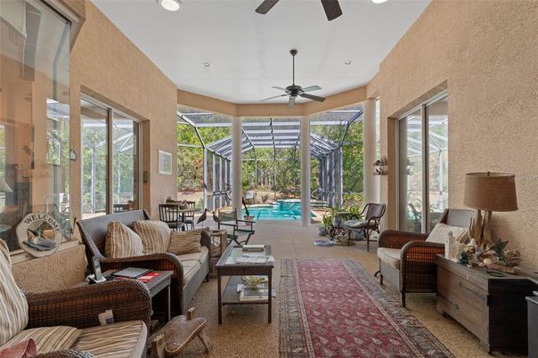 Dining room, Interior, Living room, Pool, Recessed Lighting, Sun Room