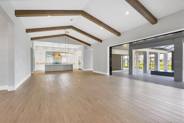 Empty room, Interior, Pendant Lights, Recessed Lighting, Wooden Beams, Wood Texture Flooring
