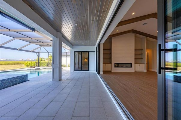 Fireplace, Glass Ceilings, Interior, Pool, Recessed Lighting, Sun Room, Wooden Ceilings, Wood Texture Flooring