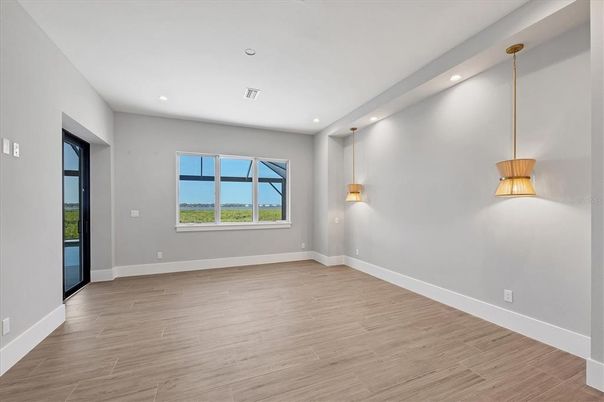 Empty room, Interior, Pendant Lights, Recessed Lighting, Wood Texture Flooring