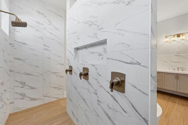 Bathroom, Interior, Marble Walls, Wood Texture Flooring