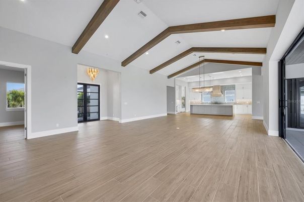 Empty room, Interior, Kitchen, Pendant Lights, Recessed Lighting, Wooden Beams, Wood Texture Flooring