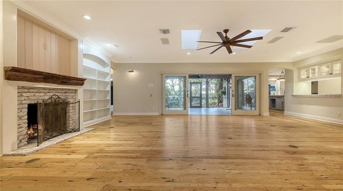 Empty room, Fireplace, Interior, Recessed Lighting, Wood Texture Flooring