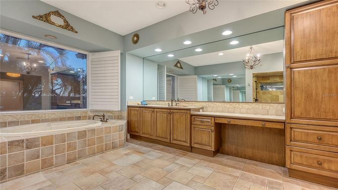 Bathroom, Chandelier, Dual Sink Vanities, Interior, Recessed Lighting