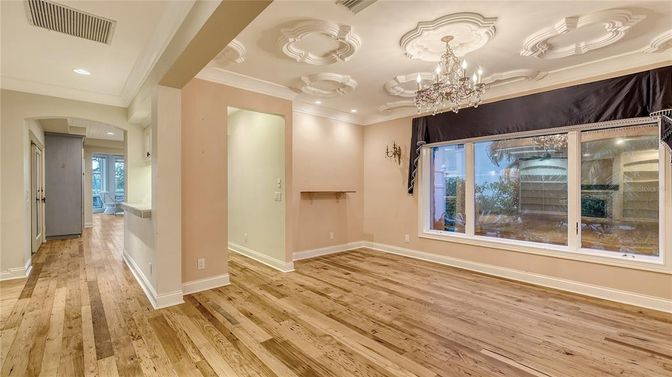 Chandelier, Empty room, Interior, Recessed Lighting, Wood Texture Flooring