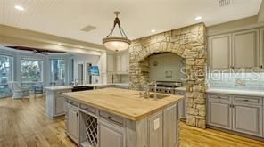 Interior, Kitchen, Pendant Lights, Recessed Lighting, Stone Walls, Wood Texture Flooring