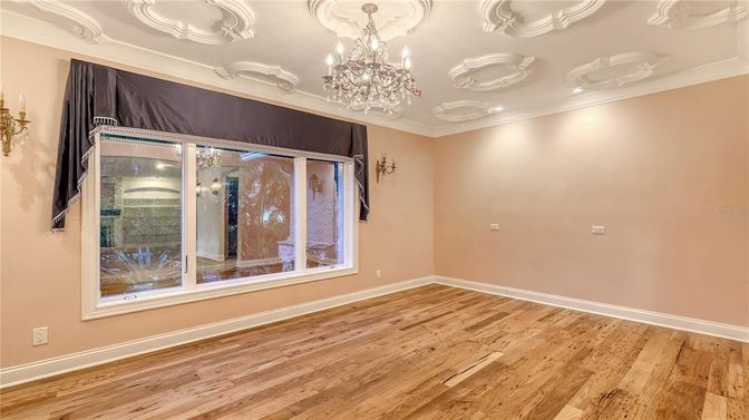 Chandelier, Empty room, Interior, Recessed Lighting, Wood Texture Flooring