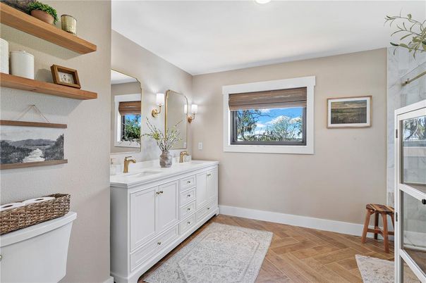 Bathroom, Interior, Recessed Lighting, Wood Texture Flooring