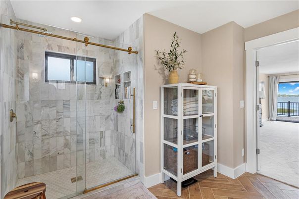 Bathroom, Glass Shower, Interior, Marble Walls, Recessed Lighting, Wood Texture Flooring