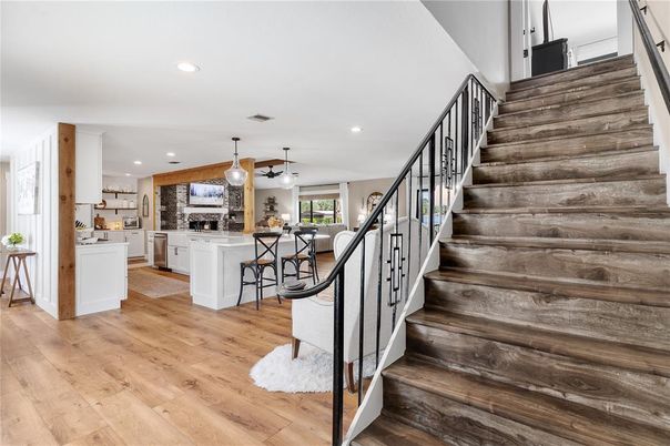 Interior, Kitchen, Pendant Lights, Recessed Lighting, Wood Texture Flooring