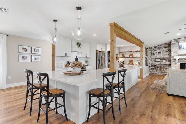 Interior, Kitchen, Pendant Lights, Recessed Lighting, Stone Walls, Wood Texture Flooring