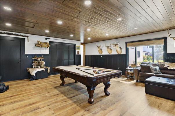 Billiard Table, Game Room, Interior, Recessed Lighting, Wooden Ceilings, Wood Texture Flooring