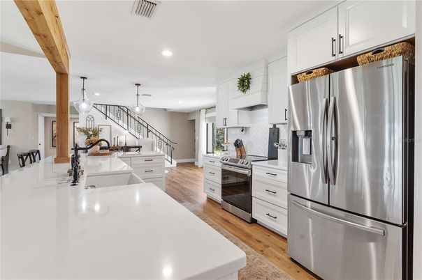 Interior, Kitchen, Pendant Lights, Recessed Lighting, Stainless Steel Appliances, Wooden Beams, Wood Texture Flooring