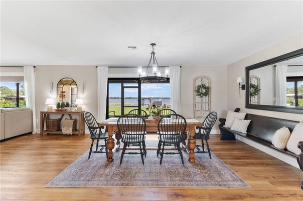 Dining room, Interior, Pendant Lights, Wood Texture Flooring