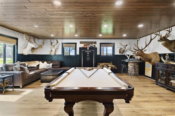 Billiard Table, Game Room, Interior, Living room, Recessed Lighting, Wooden Ceilings, Wood Texture Flooring