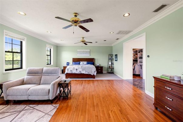 Bedroom, Interior, Recessed Lighting, Wood Texture Flooring