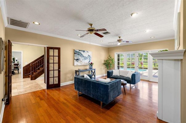Fireplace, Interior, Living room, Recessed Lighting, Wood Texture Flooring