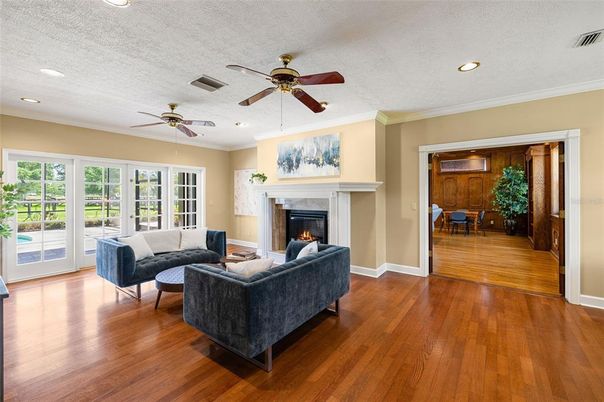 Fireplace, Interior, Living room, Recessed Lighting, Wood Texture Flooring
