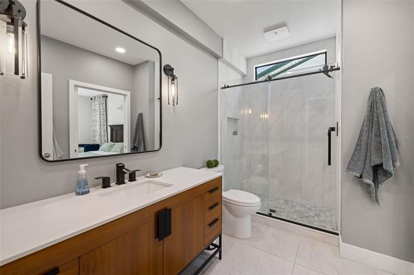 Bathroom, Glass Shower, Interior, Marble Walls, Recessed Lighting