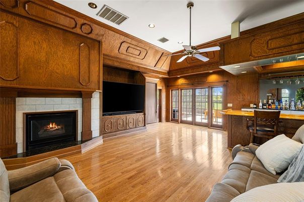 Fireplace, Interior, Living room, Recessed Lighting, Wood Texture Flooring, Wooden Walls