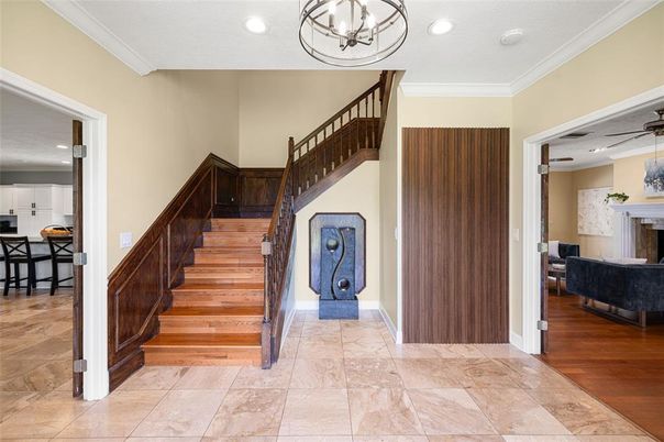 Fireplace, Interior, Pendant Lights, Recessed Lighting, Wood Texture Flooring