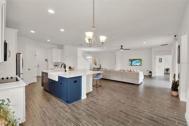Interior, Kitchen, Living room, Pendant Lights, Recessed Lighting, Wood Texture Flooring
