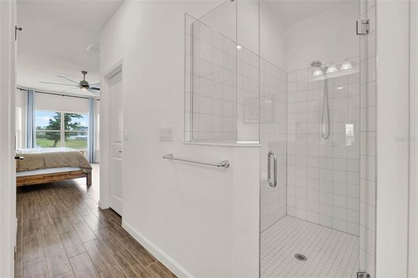 Bathroom, Bedroom, Glass Shower, Interior, Wood Texture Flooring