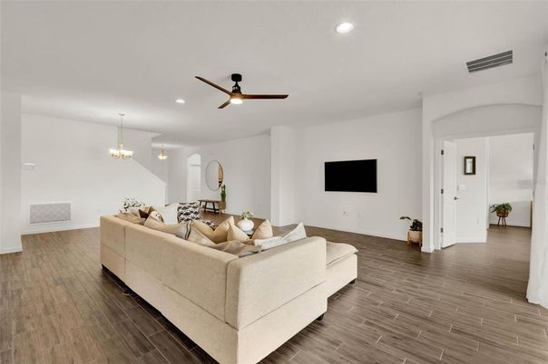 Chandelier, Dining room, Interior, Living room, Recessed Lighting, Wood Texture Flooring